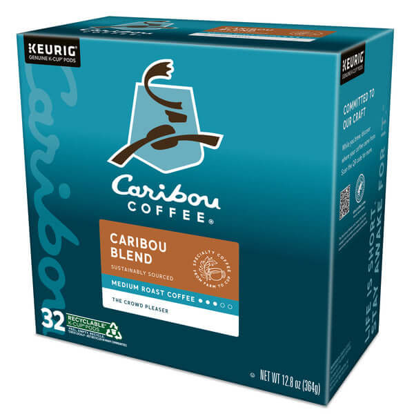 Caribou Coffee Caribou Blend K-Cup Pods packaging featuring medium roast coffee details.