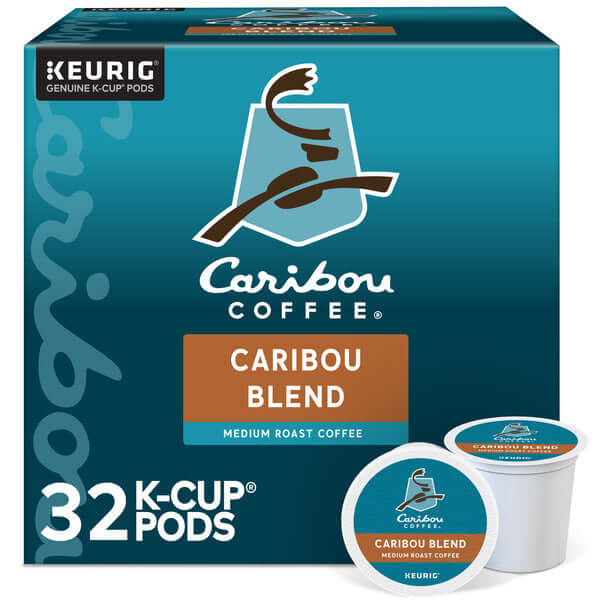 Caribou Coffee Caribou Blend K-Cup Pods packaging featuring medium roast coffee pods.