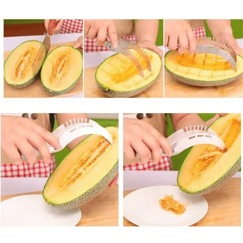 Stainless Steel Watermelon Slicer or Melon Baller, slicer cutting a grid in an orange-fleshed melon - Wine Drop Cookery LLC