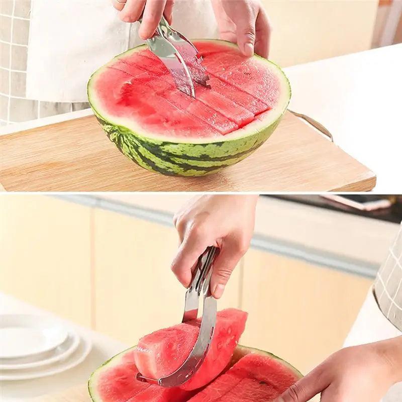 Stainless Steel Watermelon Slicer or Melon Baller, slicer in use - Wine Drop Cookery LLC