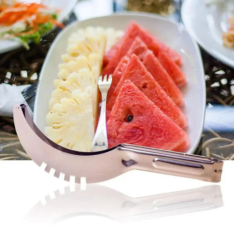 Stainless Steel Watermelon Slicer or Melon Baller, slicer beside a fruit platter - Wine Drop Cookery LLC