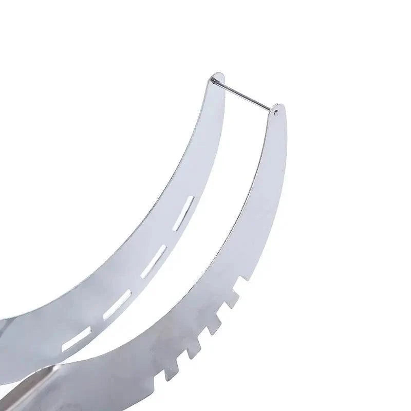 Stainless Steel Watermelon Slicer or Melon Baller, close-up of the curved blades - Wine Drop Cookery LLC