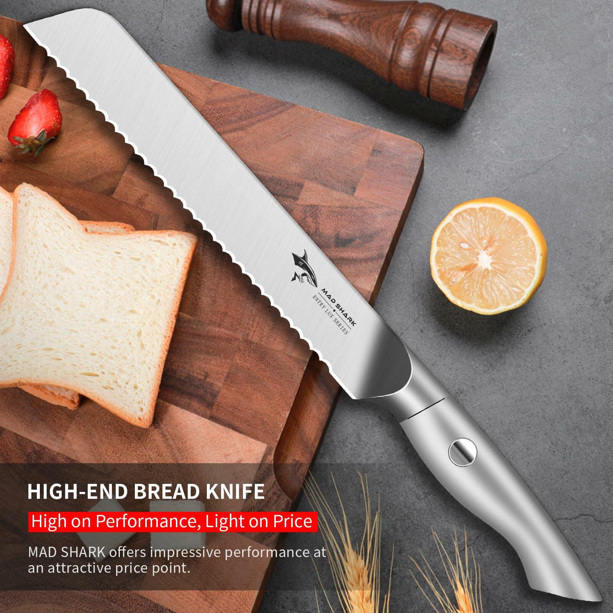 MAD SHARK Serrated Bread Knife, 8 Inch German Stainless Steel - Wine Drop Cookery LLC