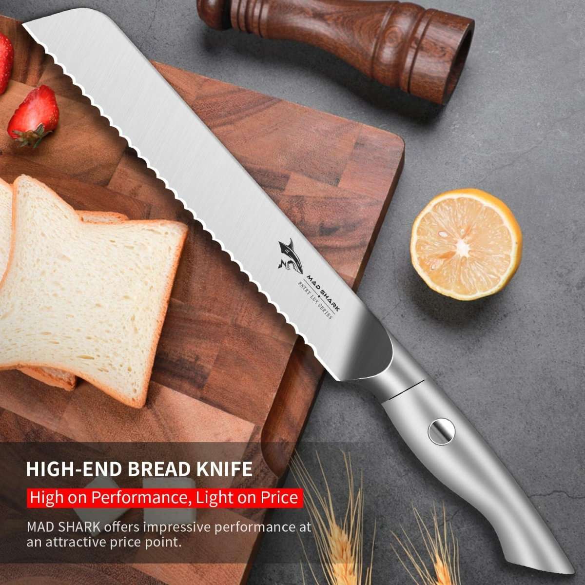 MAD SHARK Serrated Bread Knife, 8 Inch German Stainless Steel - Wine Drop Cookery LLC