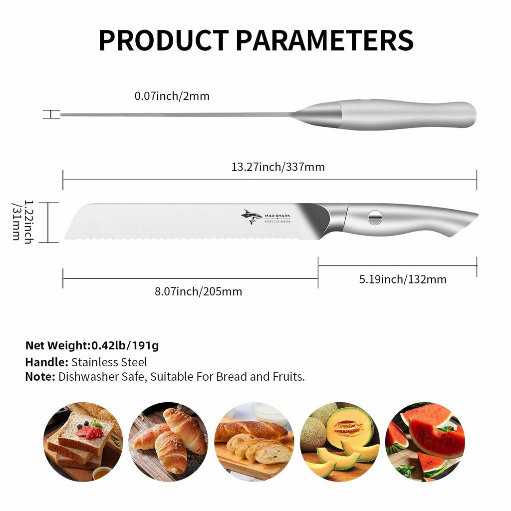 MAD SHARK Serrated Bread Knife, 8 Inch German Stainless Steel, dimensions - Wine Drop Cookery LLC