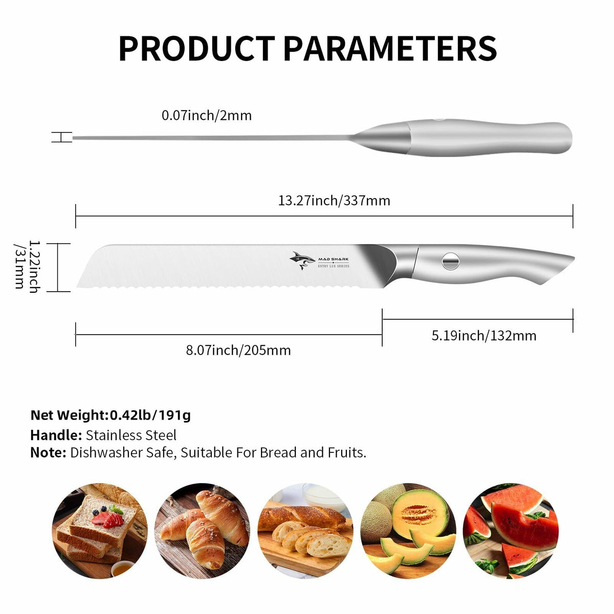 MAD SHARK Serrated Bread Knife, 8 Inch German Stainless Steel, dimensions - Wine Drop Cookery LLC