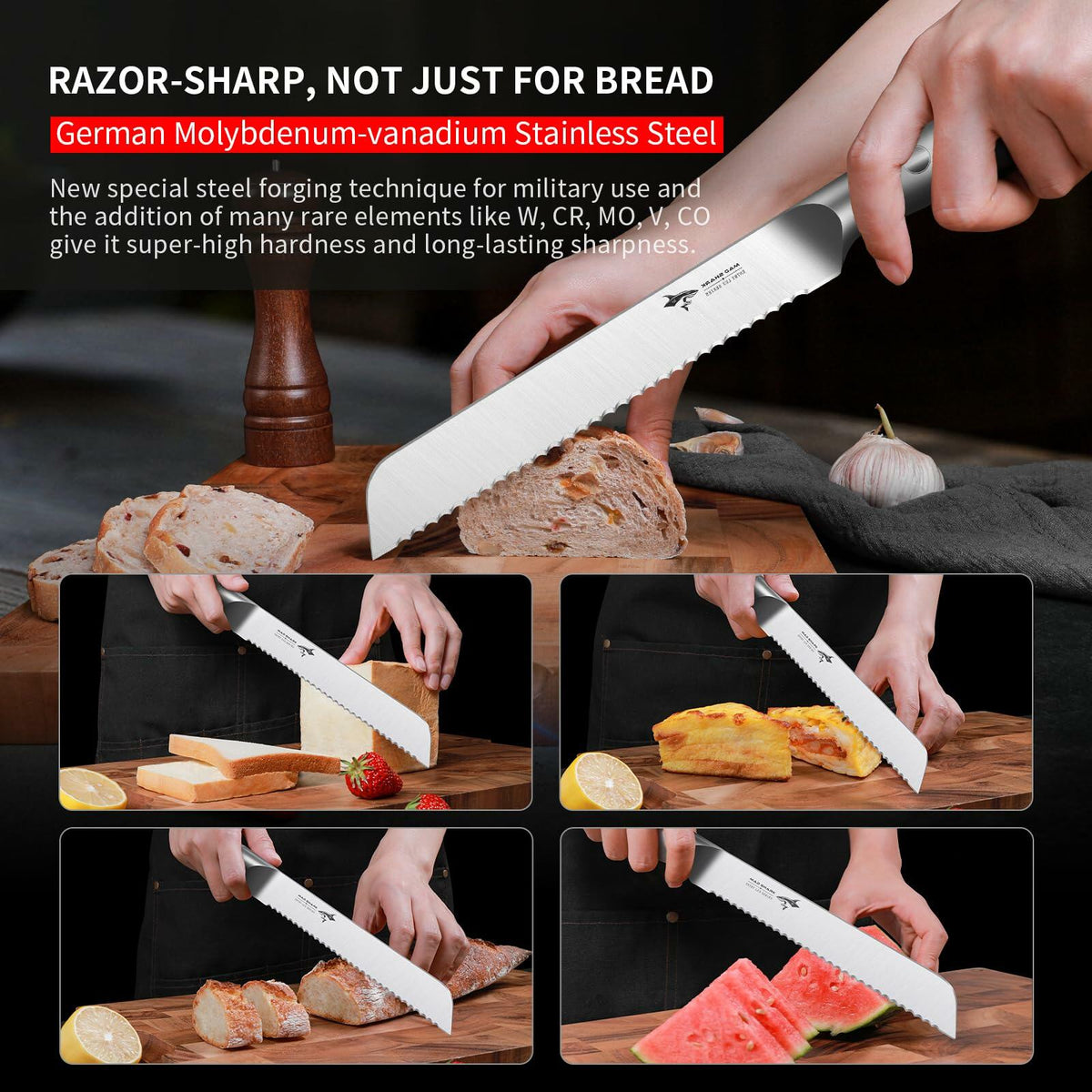 MAD SHARK Serrated Bread Knife, 8 Inch German Stainless Steel - Wine Drop Cookery LLC