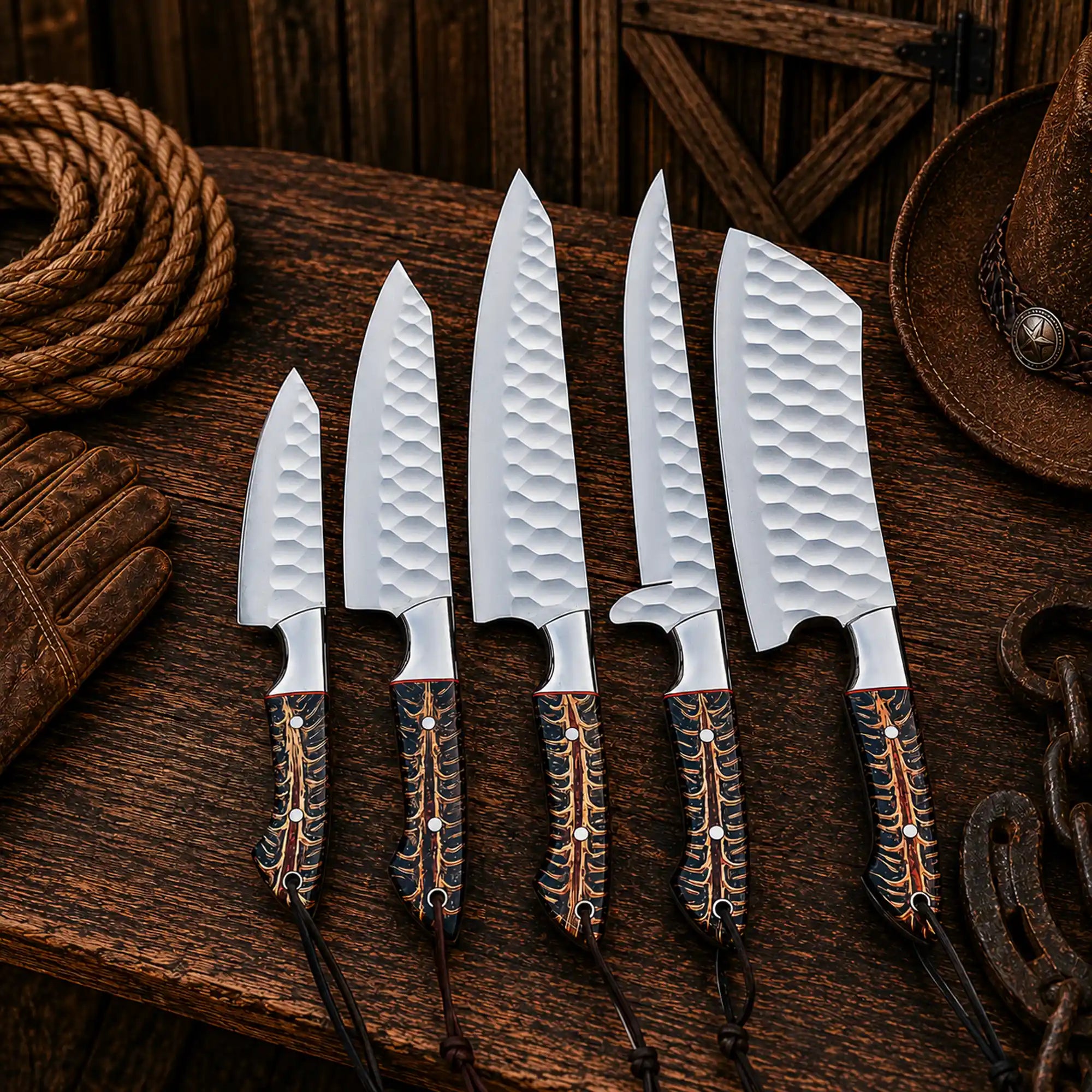 Cone Back Handles D2 Steel Chef Knife Set Leather Roll Kit