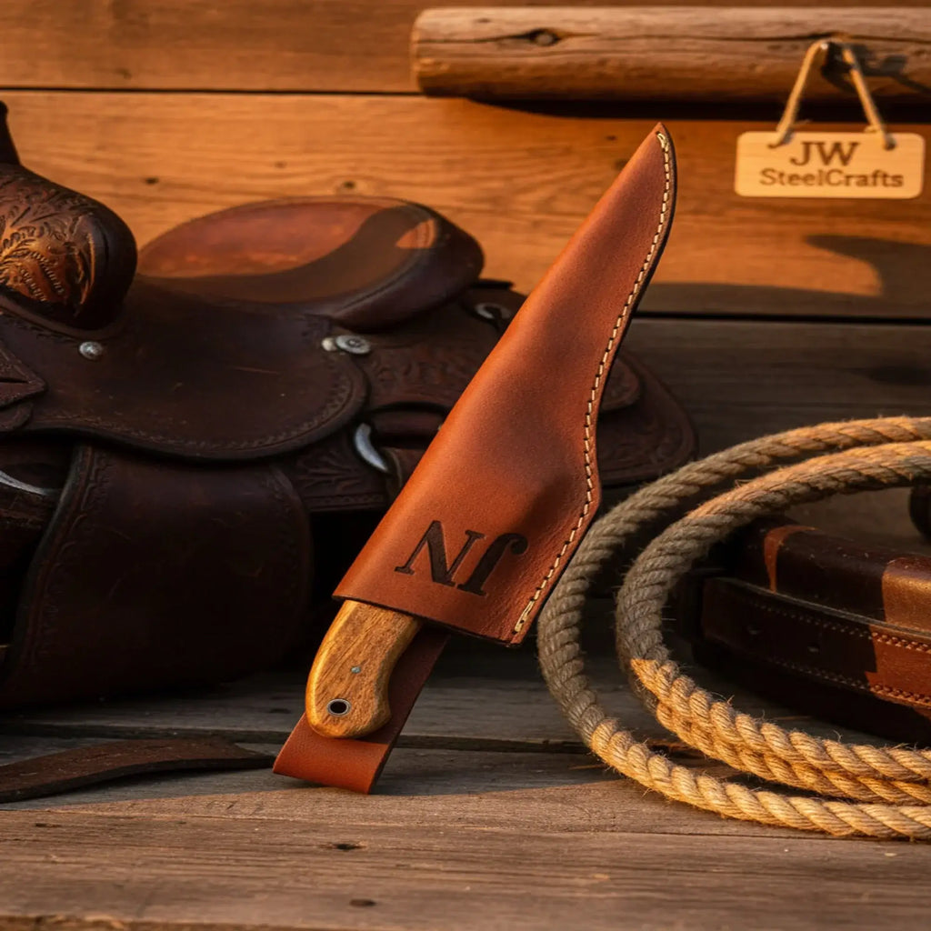 Traditional Scandinavian fillet knife in leather sheath resting beside saddle and rope.