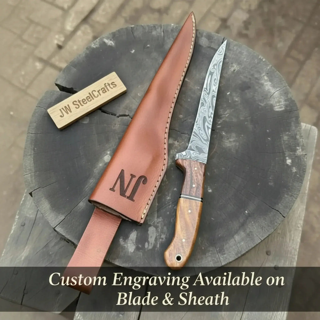 Scandinavian fillet knife displayed with leather sheath and custom engraving option on blade and sheath.