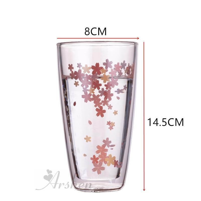 Sakura glass tea cup set featuring delicate cherry blossom design, measuring 14.5CM tall and 8CM wide.