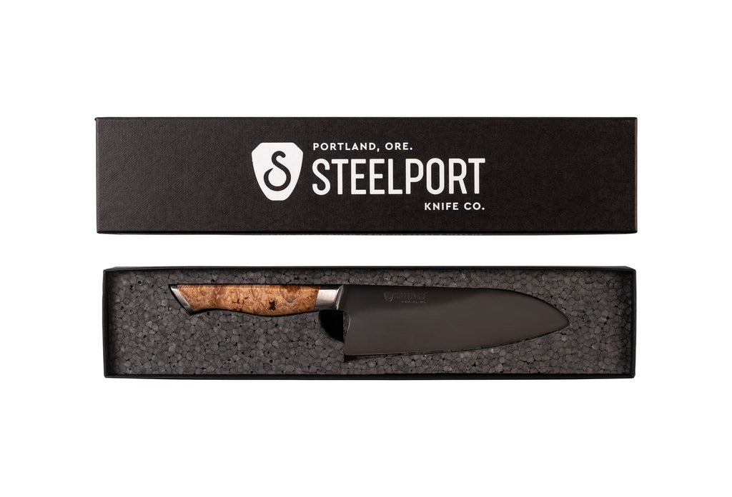 STEELPORT 6 Inch Chef Knife, 52100 Carbon Steel, Maple Burl Handle, in its box - Wine Drop Cookery LLC