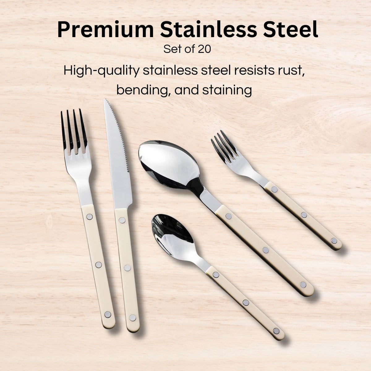 Stainless Steel Cutlery Set of 20, Cream Handles - Wine Drop Cookery LLC