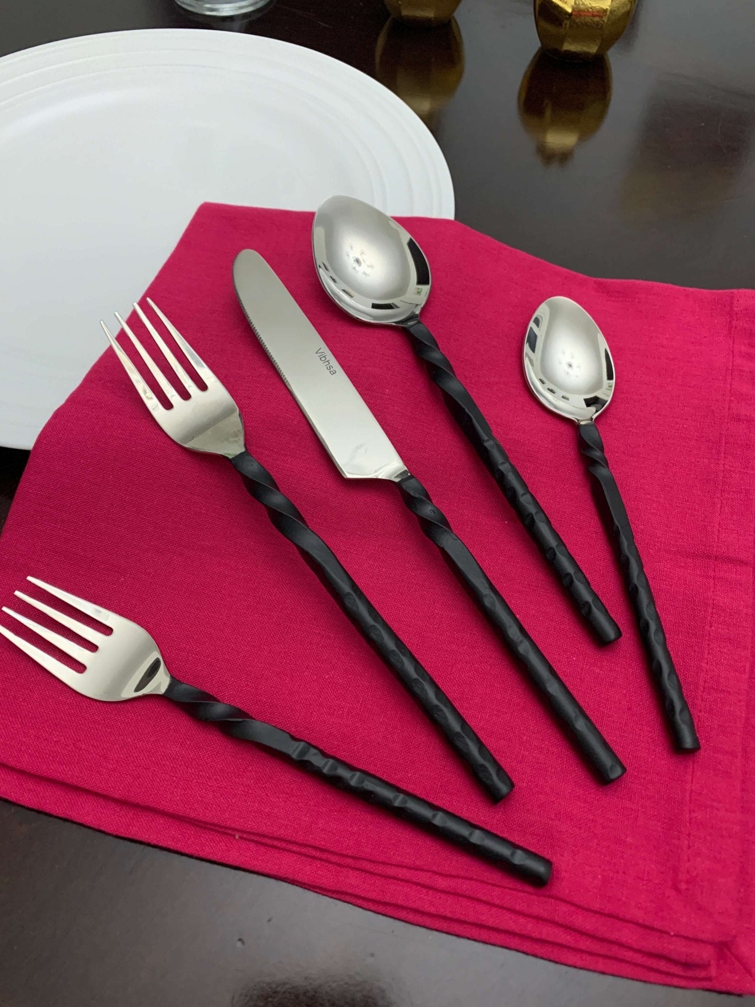 Stainless Steel Flatware Set of 20, Black Swirl Handle - Wine Drop Cookery LLC