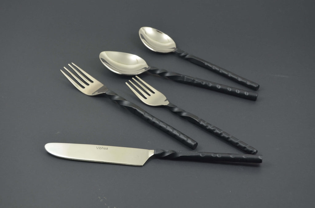 Stainless Steel Flatware Set of 20, Black Swirl Handle - Wine Drop Cookery LLC