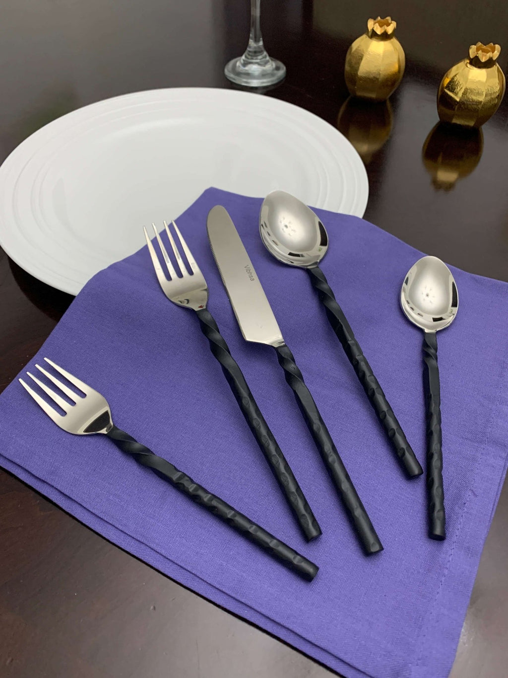 Stainless Steel Flatware Set of 20, Black Swirl Handle - Wine Drop Cookery LLC