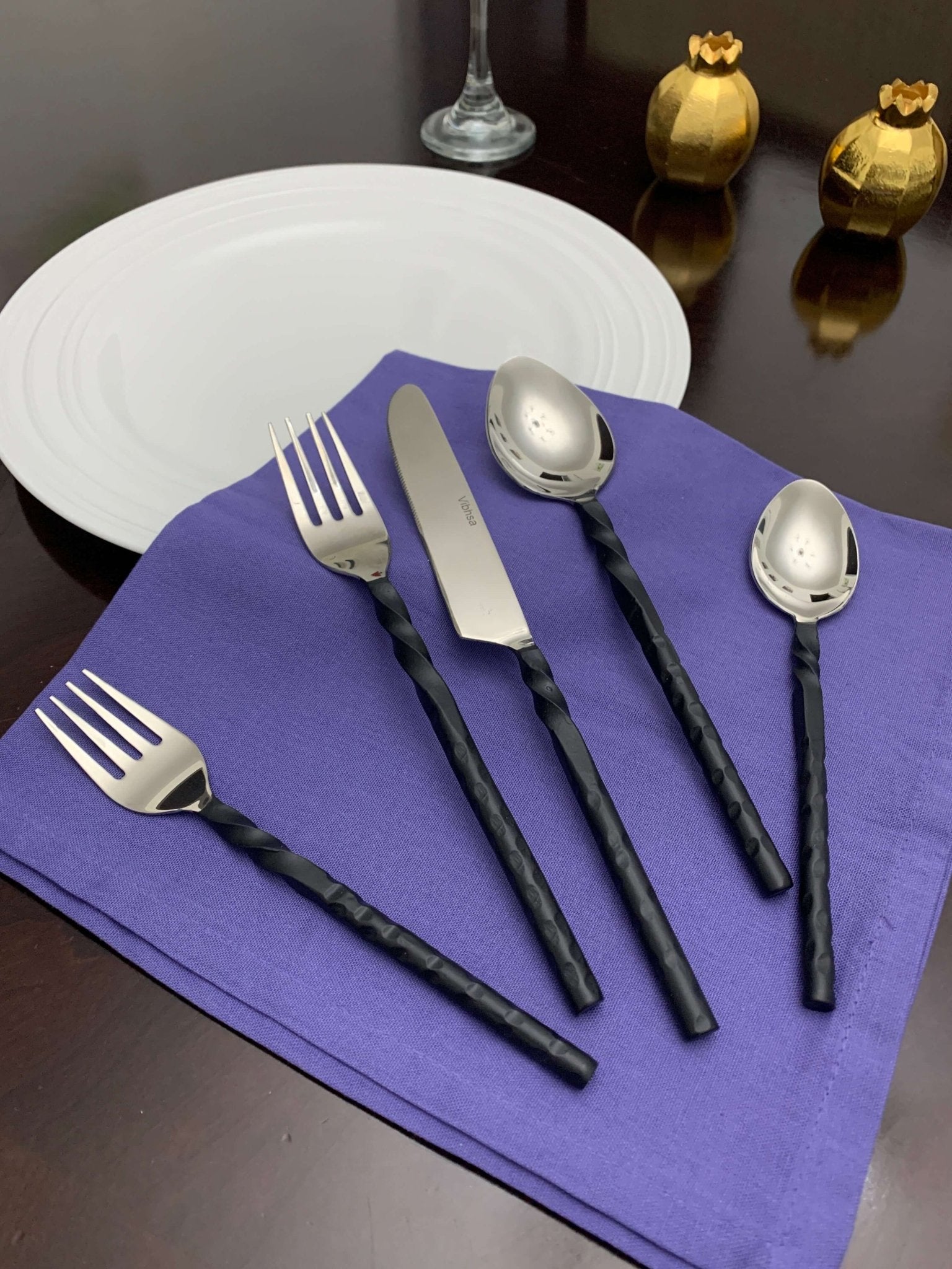 Stainless Steel Flatware Set of 20, Black Swirl Handle - Wine Drop Cookery LLC