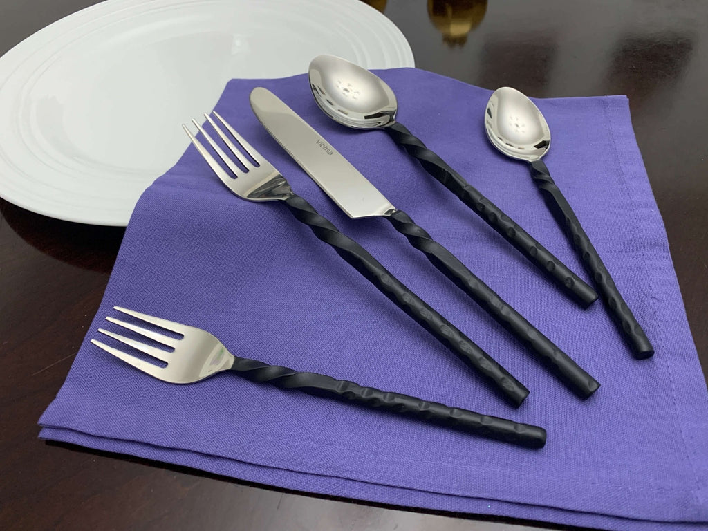 Stainless Steel Flatware Set of 20, Black Swirl Handle - Wine Drop Cookery LLC