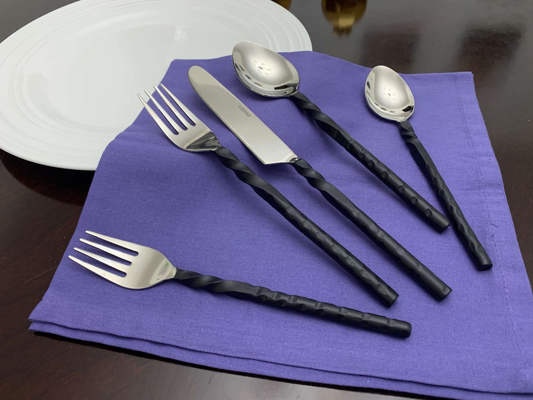Stainless Steel Flatware Set of 20, Black Swirl Handle - Wine Drop Cookery LLC