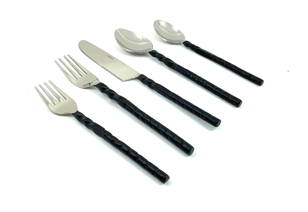 Stainless Steel Flatware Set of 20, Black Swirl Handle - Wine Drop Cookery LLC