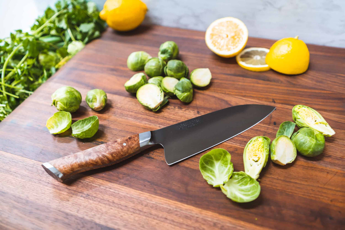 STEELPORT 6 Inch Chef Knife, 52100 Carbon Steel, Maple Burl Handle, with Brussels sprouts - Wine Drop Cookery LLC