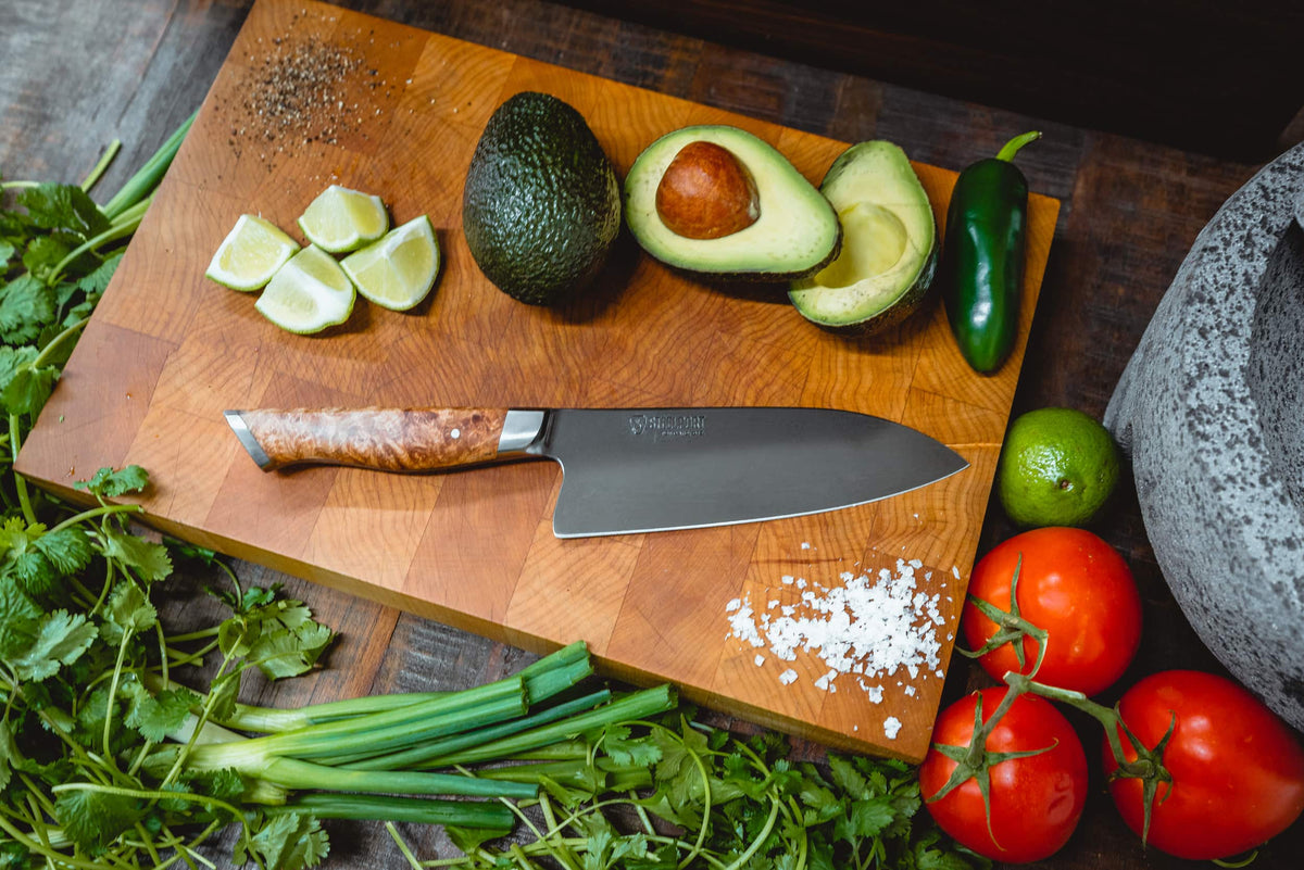 STEELPORT 6 Inch Chef Knife, 52100 Carbon Steel, Maple Burl Handle, with vegetables - Wine Drop Cookery LLC