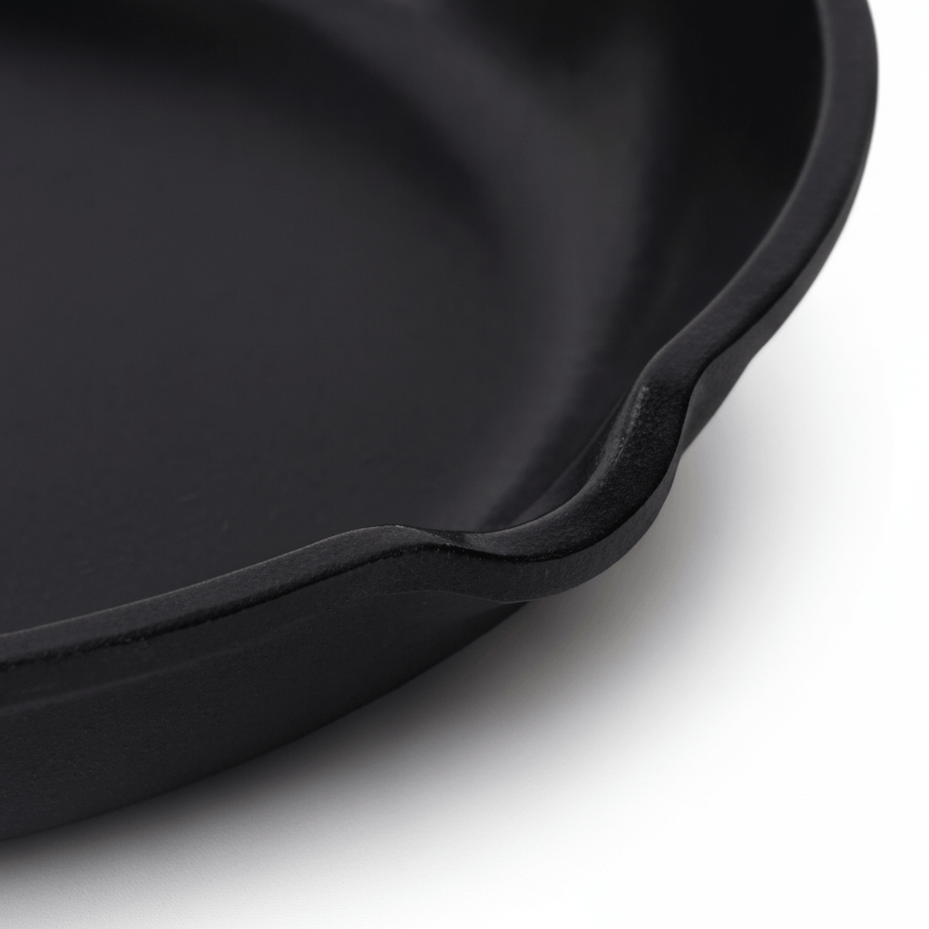 Ceramic nonstick fish pan close-up showcasing smooth surface and curved edge for easy flipping and serving.