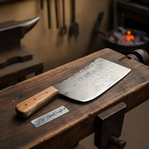 14 inch high carbon steel butcher cleaver with hardwood handle and filework spine
