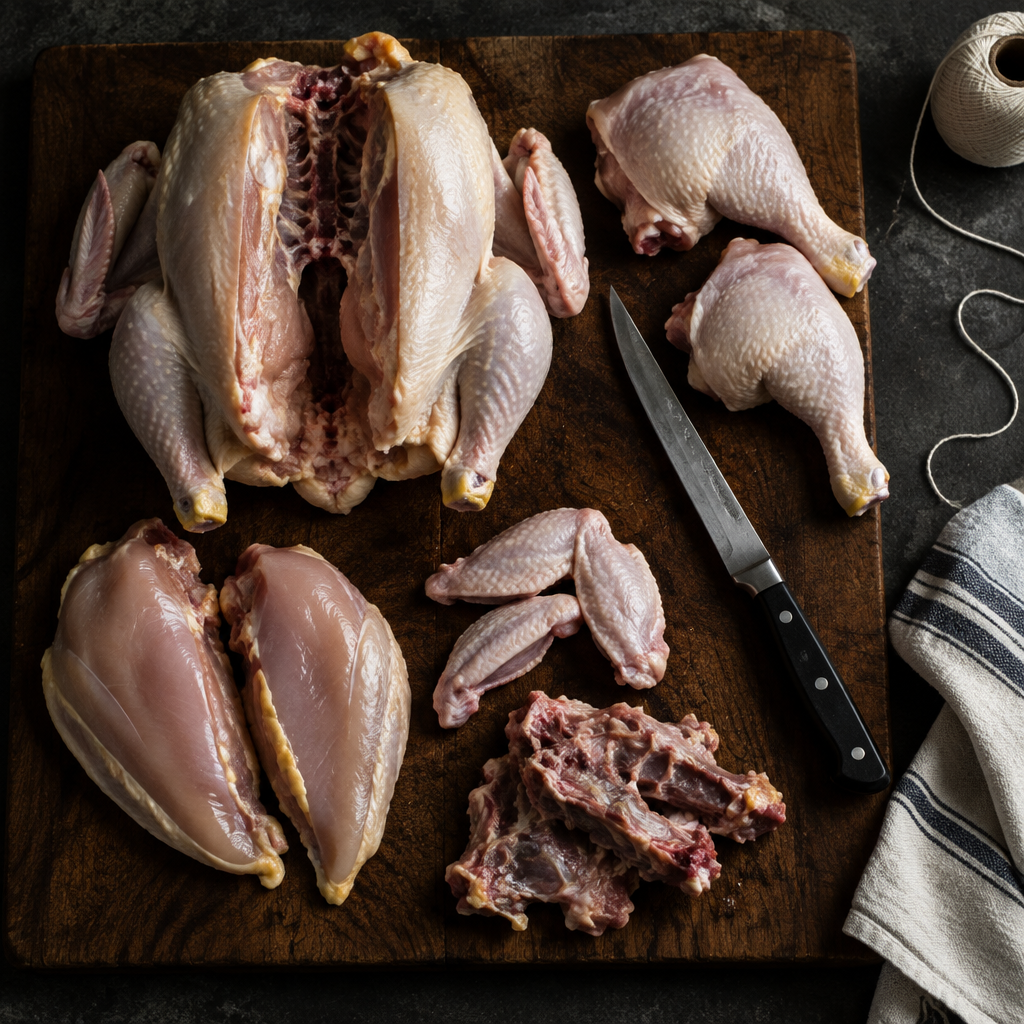 Whole chicken being broken down on a wood cutting board with a boning knife