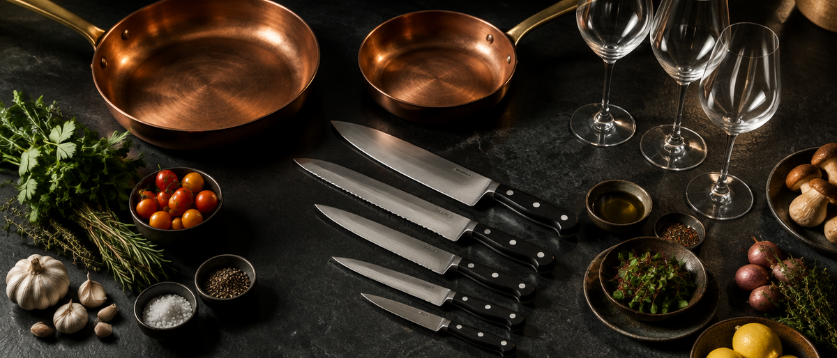 Chef knife set, copper pans, and wine glasses arranged on dark slate